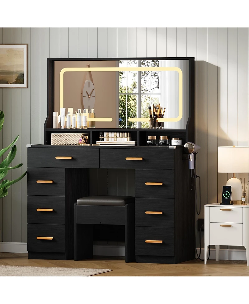 Homfan Makeup Vanity Desk Set with Large Lighted Mirror, 8 Drawers, 3 Storage Shelves, Glass Top, Stool, Built-in Power Outlet