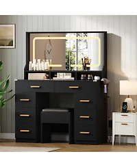 Homfan Makeup Vanity Desk Set with Large Lighted Mirror, 8 Drawers, 3 Storage Shelves, Glass Top, Stool, Built-in Power Outlet