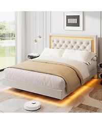 Homfan Floating Upholstered Bed Frame With Led Diamond Headboard Wood Slats Available In Full Queen King