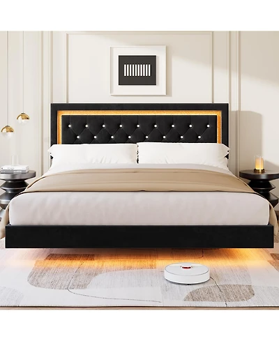 Homfan Floating Upholstered Bed Frame with Led Diamond Headboard and Wood Slats, Available Full, Queen