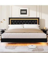Homfan Floating Upholstered Bed Frame with Led Diamond Headboard and Wood Slats, Available Full, Queen