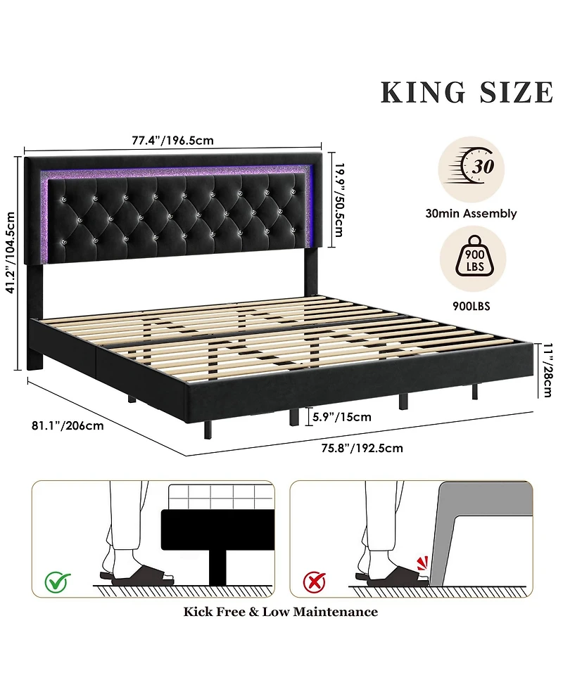 Homfan Floating Upholstered Bed Frame with Led Diamond Headboard and Wood Slats, Available Full, Queen