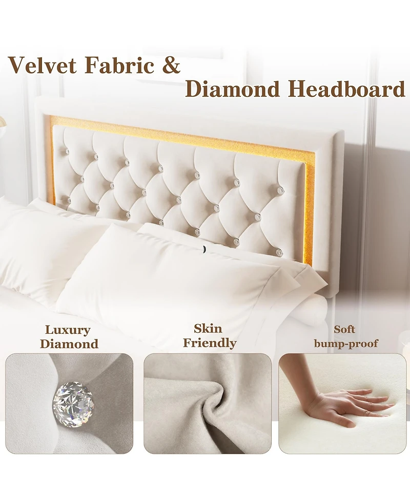 Homfan Floating Upholstered Bed Frame with Led Diamond Headboard and Wood Slats, Available in Full, Queen, and King