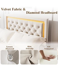 Homfan Floating Upholstered Bed Frame with Led Diamond Headboard and Wood Slats, Available in Full, Queen, and King