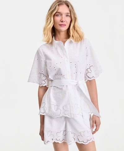 I.n.c. International Concepts Women's Cotton Eyelet Tie-Waist Blouse, Macy's Exclusive
