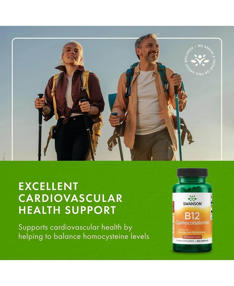 Swanson Vitamin B12 Cyanocobalamin 500mcg Each, 250 Capsules Energy, Nervous System, and Overall Wellness Support
