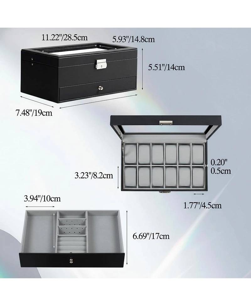 Yigii 12 Slot Watch Box Display Organizer Leather Automatic Led Light Battery Operated Gift