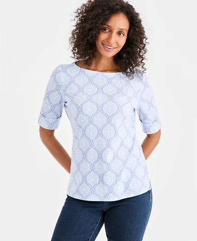 Style & Co Women's Printed Boat-Neck Elbow-Sleeve Top