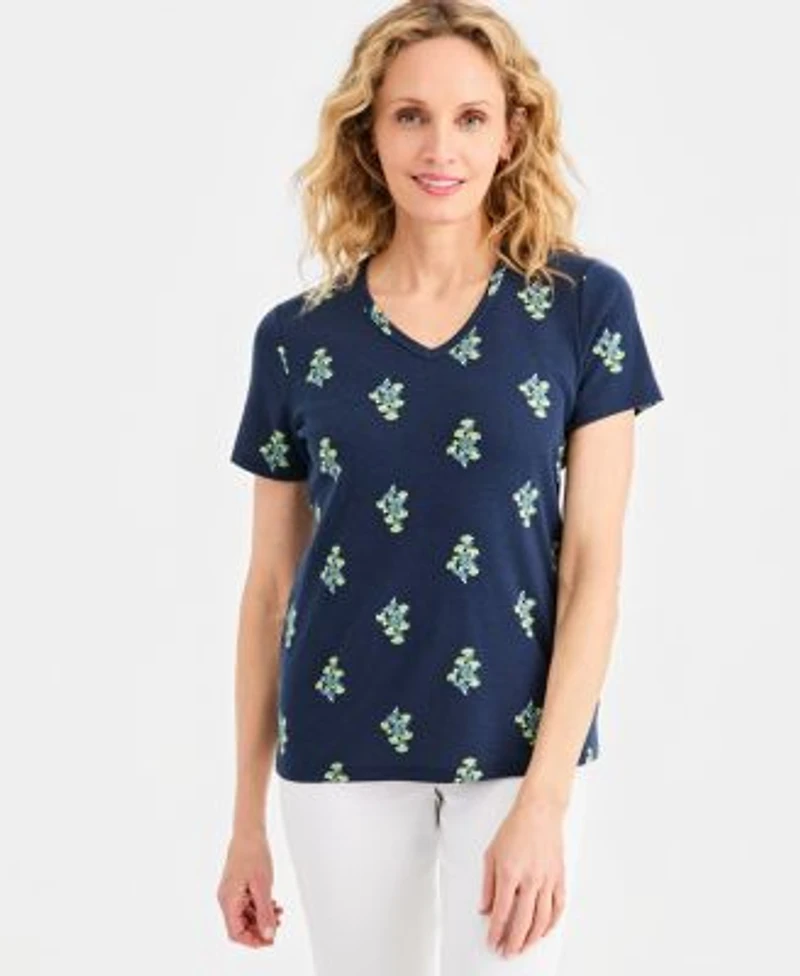 Style Co Womens Printed Short Sleeve V Neck Top Macys Exclusive
