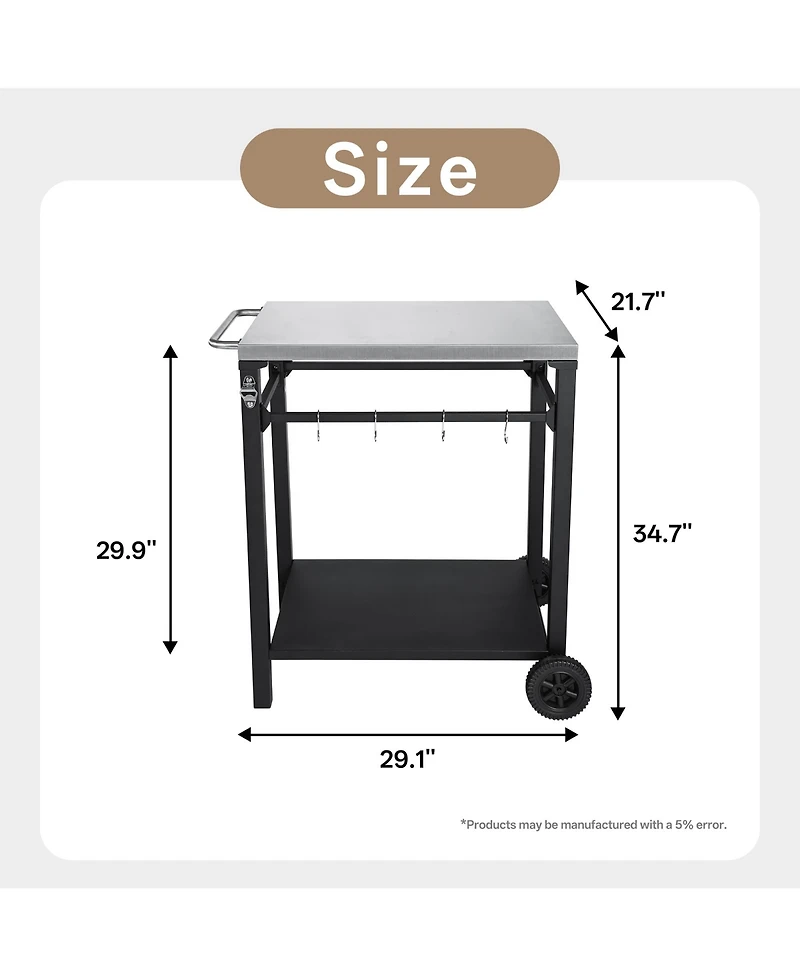 Flynama 2-Tier Outdoor Grill Cart with Stainless Steel Top and Tool Hooks
