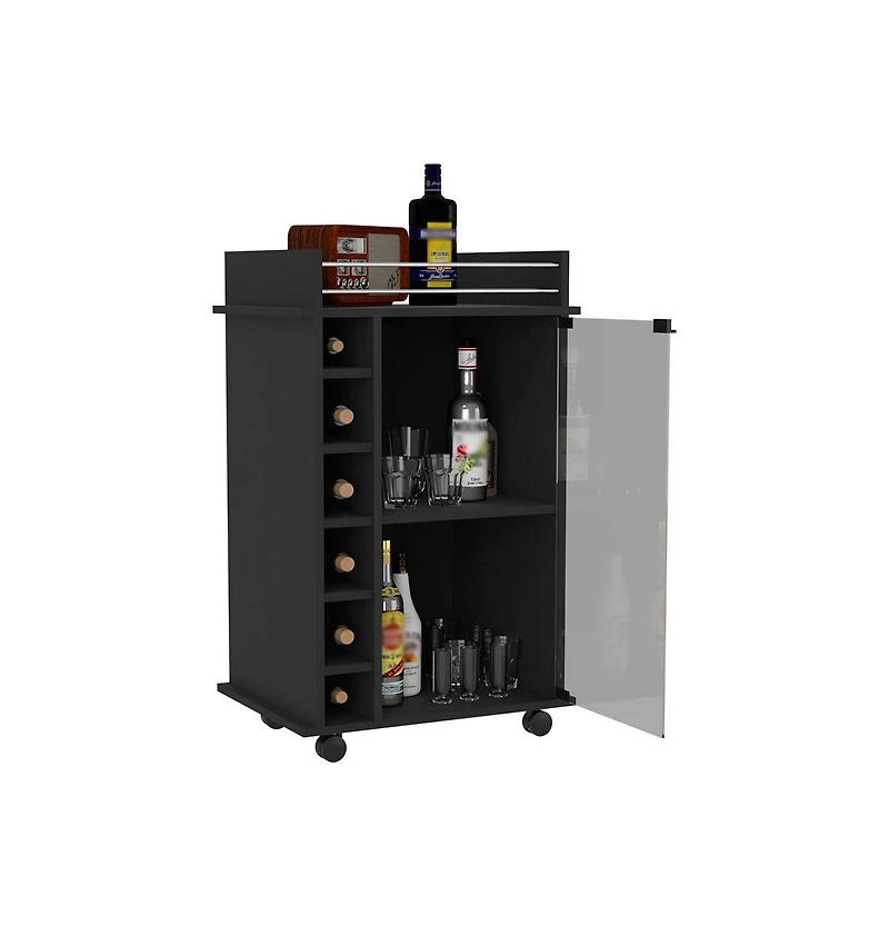 Flynama Wengue 2-Tier Glass Door Bar Cart with 6 Cubbies and Lockable Wheels