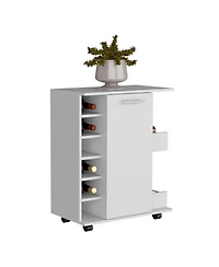 Flynama 4-Wheel Bar Cart with 6 Bottle Racks, 2 Side Shelves and Wood Door Storage