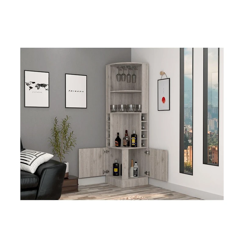 Flynama Corner Bar Cabinet with 8 Bottle Cubbies, Double Door and 2 Open Shelves