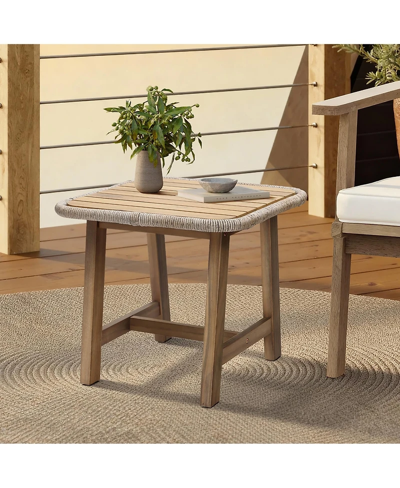 LuxenHome Outdoor Side Table, Acacia Wood Patio End Table with Woven Wicker Trim, Small Outdoor Accent Tables for Patio, Balcony, Garden