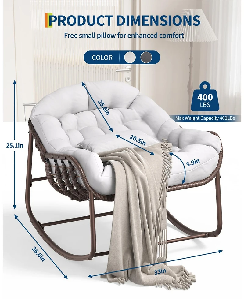Homfan Rocking Egg Chair with Extra-Thick Cushions, Heavy-Duty 450 lb Capacity Steel Frame and Hand-Woven Pe Wicker for Indoor Outdoor