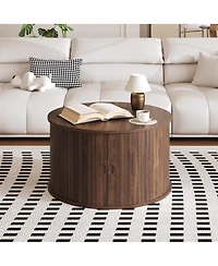 Homfan 28" Round Coffee Table with Storage, Mid Century Modern Fluted Accent Sliding Tambour Door for Living Room