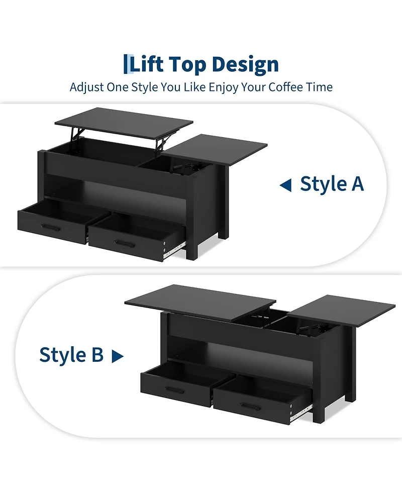 homfan Lift Top Coffee Table with Hidden Storage, 47" Farmhouse Center Two Drawers and Adjustable Wooden Tabletop for Living Room