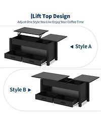 homfan Lift Top Coffee Table with Hidden Storage, 47" Farmhouse Center Two Drawers and Adjustable Wooden Tabletop for Living Room