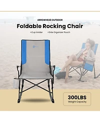 Arrowhead Outdoor 2-Pack Foldable Rocking Camp Chair, Xl Cup Holder, Side Pocket, Space-Saving Folding, Swinging Rocker, Camping, Fishing, Patio, Blue