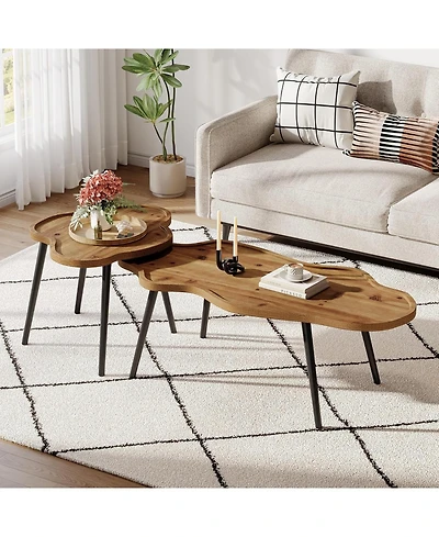 Tribesigns Nesting Coffee Table Set of 2, Solid Wood Coffee Tables with Cloud Tabletop