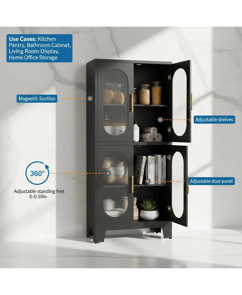 Yigii Tall Metal Corner Cabinet 4 Glass Doors Open Bar Shelf Farmhouse Storage for Kitchen Bathroom Living Room
