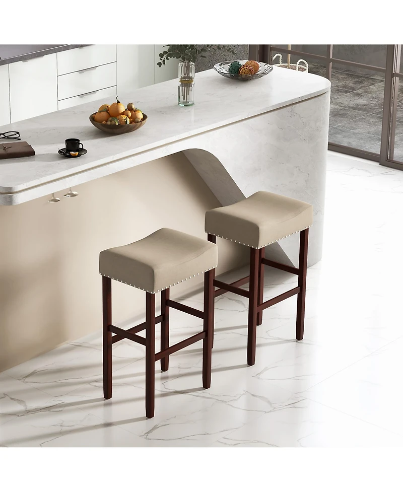 Gymax Set of 4 Bar Stools Bar Height Saddle Kitchen Chairs with Wooden Legs