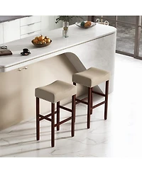 Gymax Set of 4 Bar Stools Bar Height Saddle Kitchen Chairs with Wooden Legs