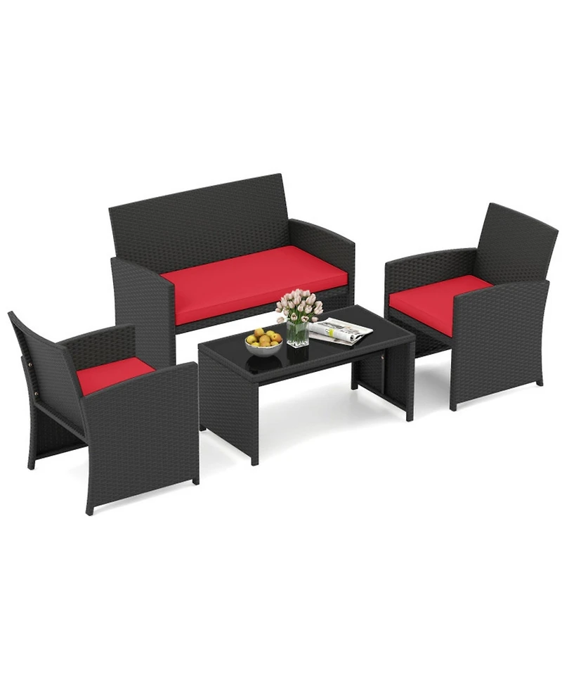 Sugift 4 Pieces Patio Furniture Set with Tempered Glass Tabletop and Removable Cushion