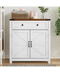 flynama White Farmhouse Coffee Bar Cabinet with Walnut Top and Drawer