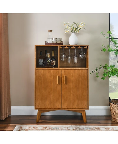 Flynama Wine Cabinet with Wine Glass Holder and Adjustable Shelf, Farmhouse Buffet Sideboard