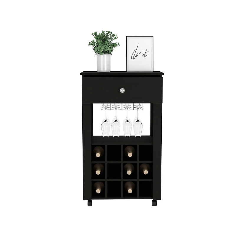 Flynama Wengue Bayamon Bar Cart with 12 Wine Cubbies, 4 Legs and 1 Open Shelf