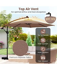 Gouun 10 ft Solar Offset Hanging Patio Umbrella with Base, 96 Led Lights and 360-Degree Rotation