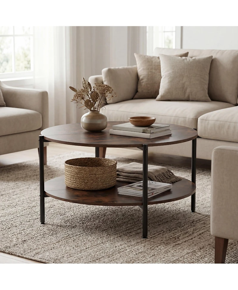 Gouun 33.5 in Round 2-Tier Industrial Coffee Table with Open Shelf and Metal Frame