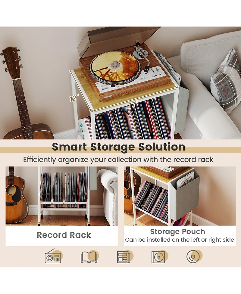 Gouun Rolling 2-Tier Record Player Stand with Vinyl Storage and Magazine Holder, 20 x 12 x 25 in