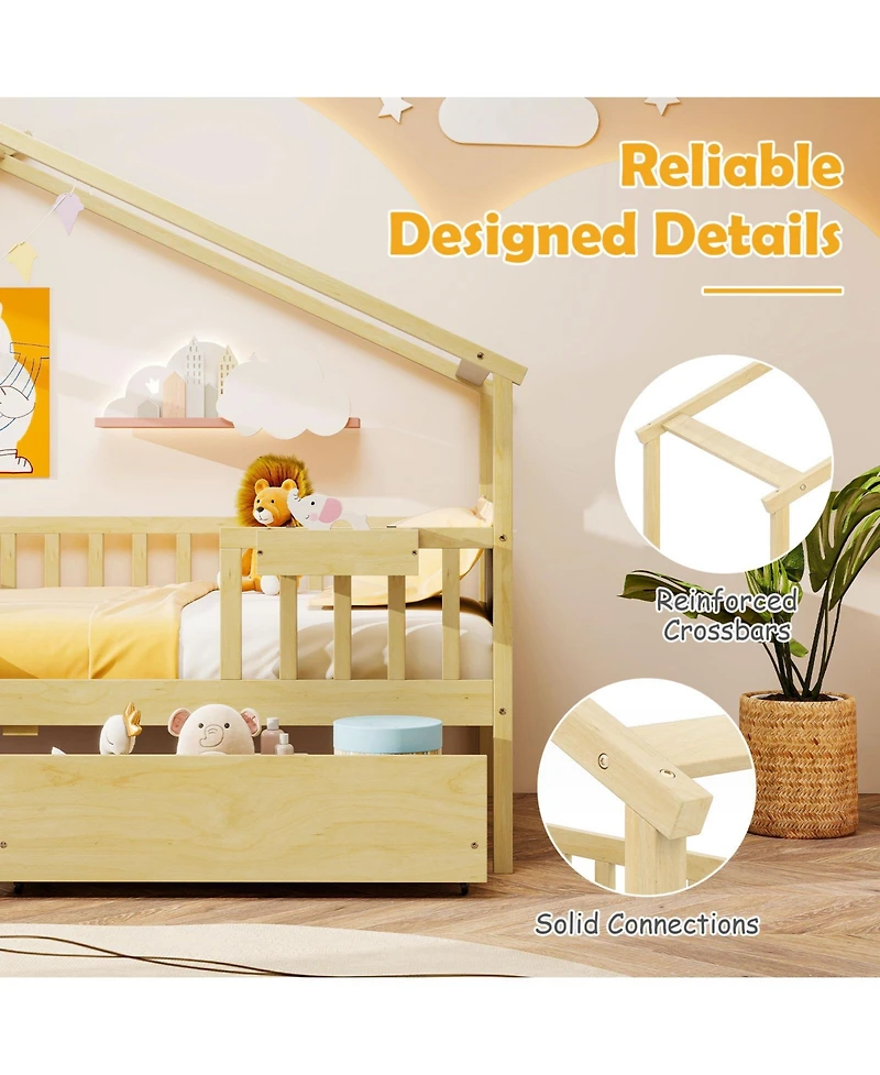 Sugift House Bed with Storage Drawers Roof and Guardrails