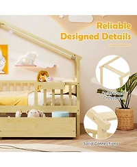 Sugift House Bed with Storage Drawers Roof and Guardrails