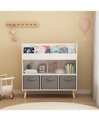 Rainsken Kids Bookshelf with 3 Fabric Storage Bins, Modern Children's Bookcase with Storage for Toys and Books, for Playroom and Bedroom