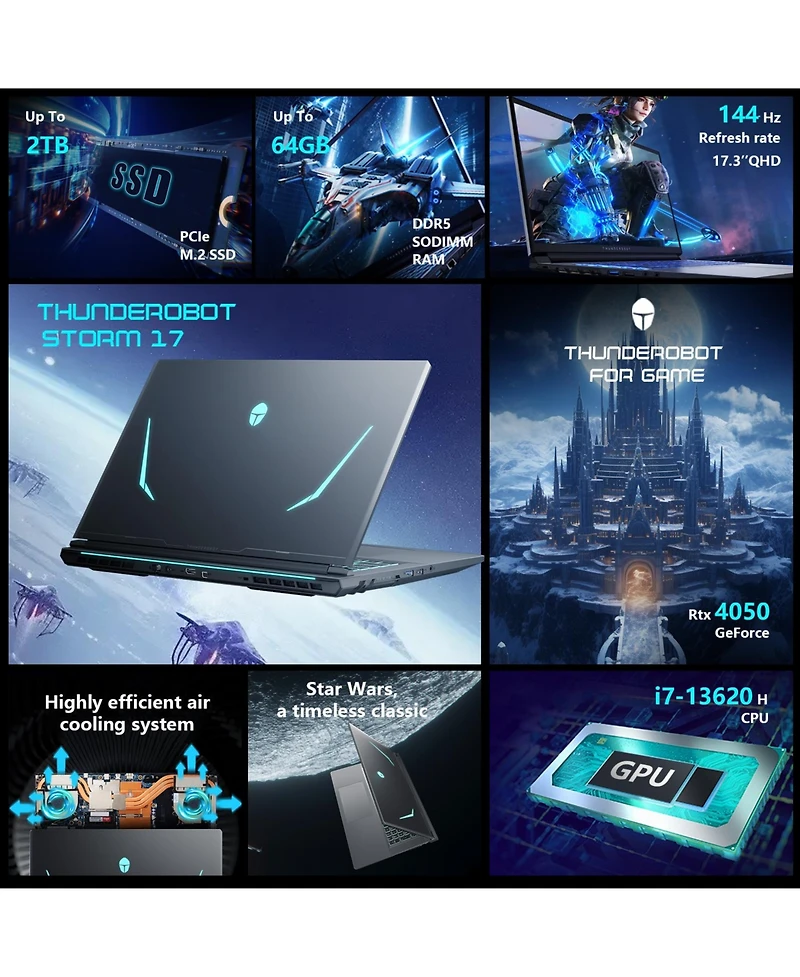 Thunderobot Storm Traditional Laptop Intel Core i7 64GB Ram Nvidia GeForce Rtx 4050 2TB Ssd Storage Windows 11 Home 144Hz