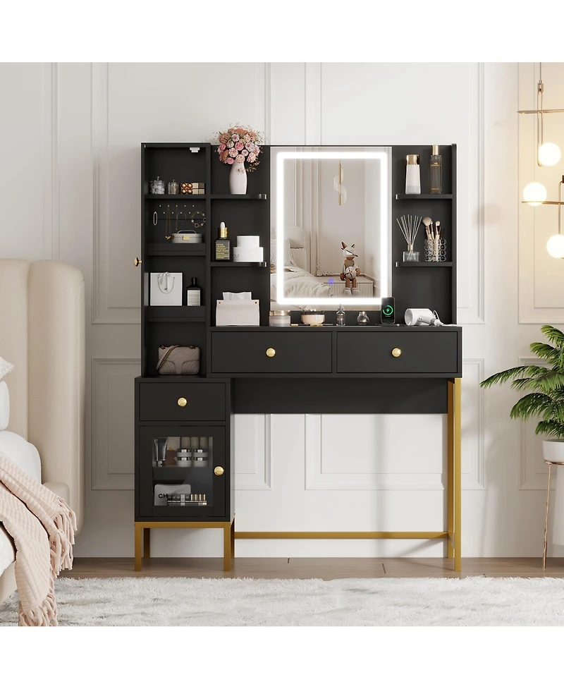 Homfan Modern Vanity Desk with Led Lighted Mirror - 3-Color Dimmable Lighting, Usb Charging Station, Hidden Jewelry Cabinet, Drawers and Shelves