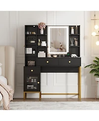 Homfan Modern Vanity Desk with Led Lighted Mirror - 3-Color Dimmable Lighting, Usb Charging Station, Hidden Jewelry Cabinet, Drawers and Shelves