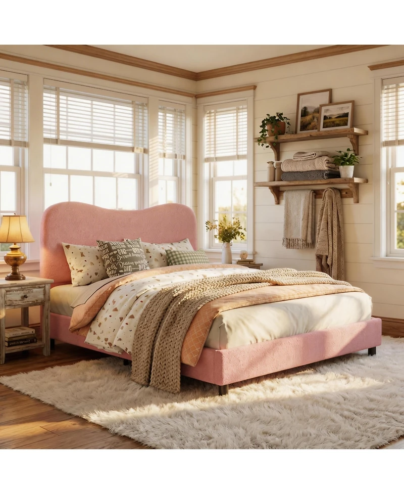 Homfan Soft Upholstered Kids Bed Frame with Headboard, Low Profile Platform, Strong Wooden Slats, Noise-Free, No Box Spring Needed