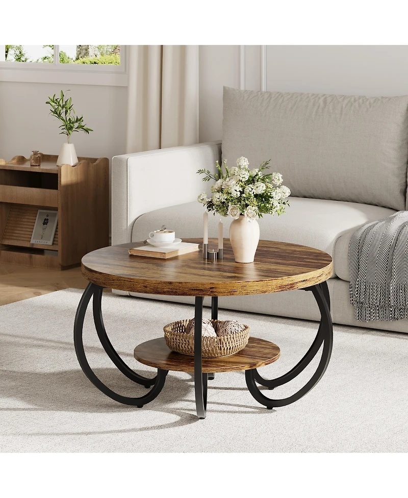 Homfan Modern Industrial 30" Round Coffee Table - 2-Tier Wood and Metal with Open Shelf, Adjustable Feet, Living Room Furniture