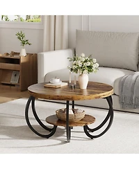 Homfan Modern Industrial 30" Round Coffee Table - 2-Tier Wood and Metal with Open Shelf, Adjustable Feet, Living Room Furniture