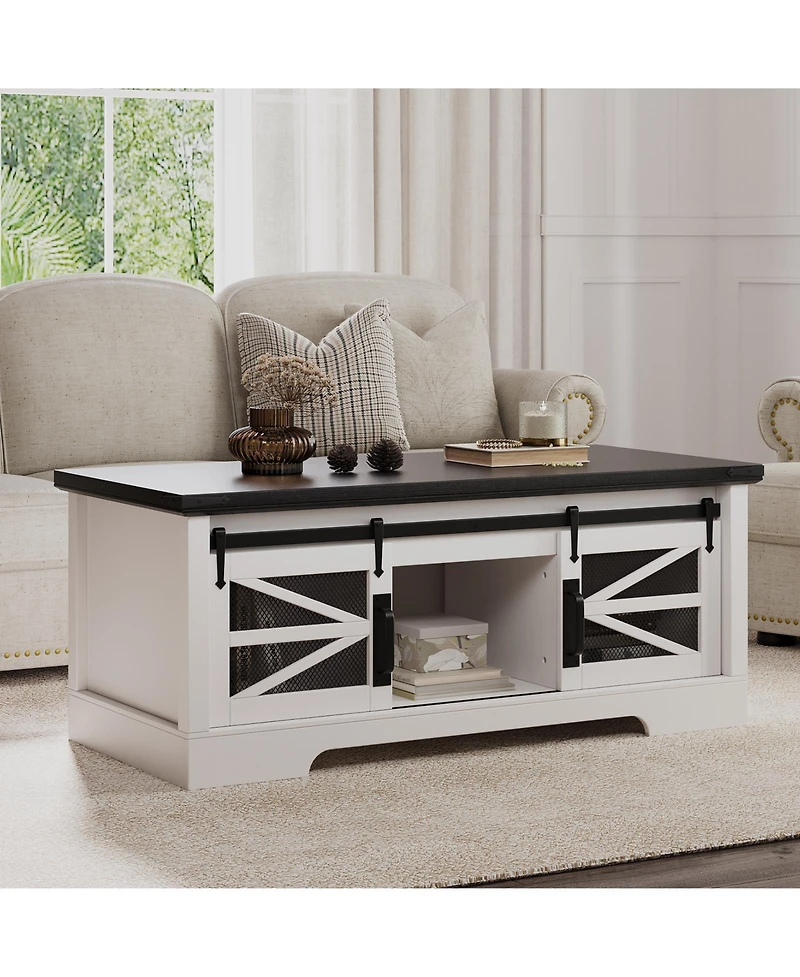 Homfan 47 Inch Farmhouse Lift Top Coffee Table with Sliding Barn Doors, Spacious Hidden Storage, Rectangle Entryway Cabinet