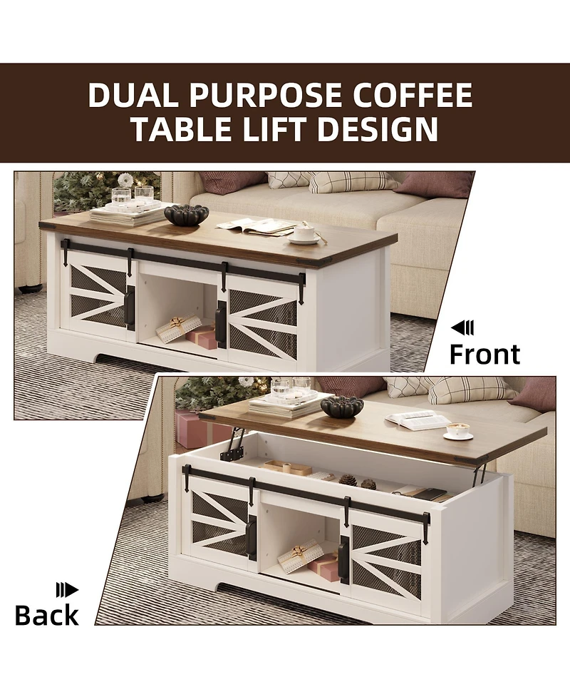 Homfan 47 Inch Farmhouse Lift Top Coffee Table with Sliding Barn Doors, Spacious Hidden Storage, Rectangle Entryway Cabinet