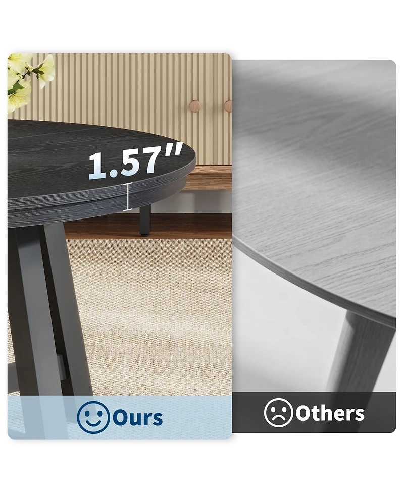 Homfan Modern 36 Inch Round Coffee Table, Industrial Style, Black Metal Frame, Wood Grain Top, Thick Legs, Adjustable Feet, Easy Assembly