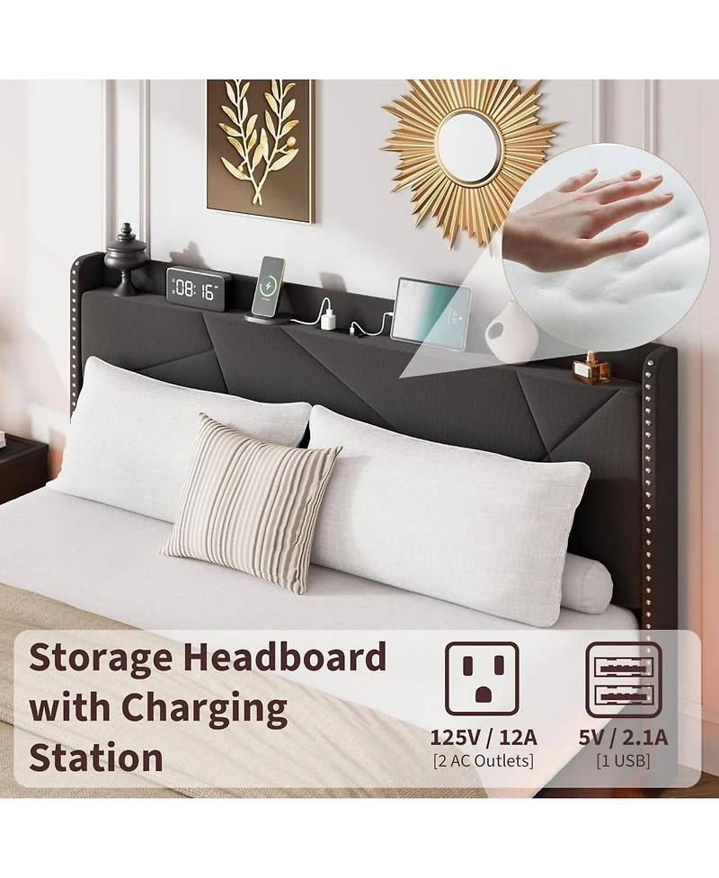 Homfan Floating Bed Frame with Led Lights, Charging Station