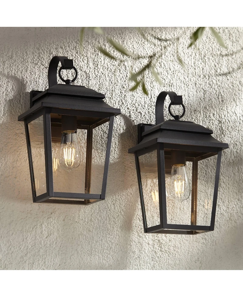 John Timberland Bellis Verde Modern Outdoor Wall Light Fixtures Set of 2 Textured Black Lantern Frame 15 1/4" Clear Glass for Post Exterior