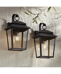 John Timberland Bellis Verde Modern Outdoor Wall Light Fixtures Set of 2 Textured Black Lantern Frame 15 1/4" Clear Glass for Post Exterior