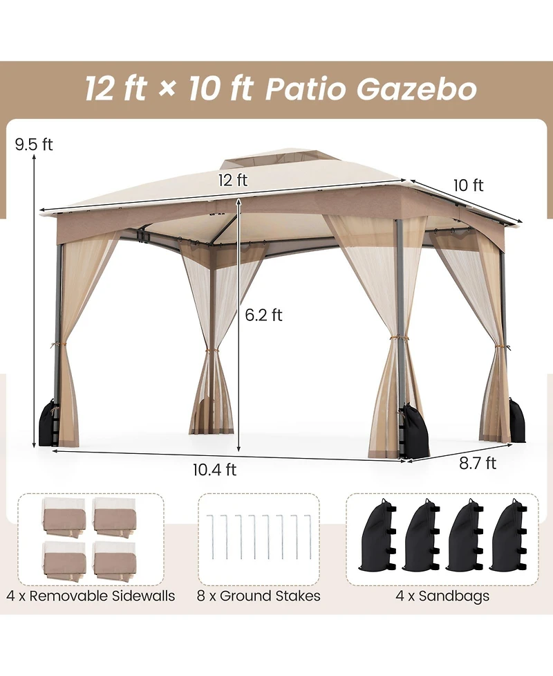 Gouun 10 x 12 ft Patio Gazebo with Netting Walls, Double-Tier Roof and 4 Sandbags